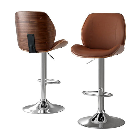 Karingal brown bentwood bar stool with adjustable leather seat at a kitchen counter