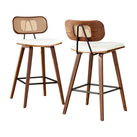 Warneet beige rattan bar stool with walnut frame at a kitchen counter