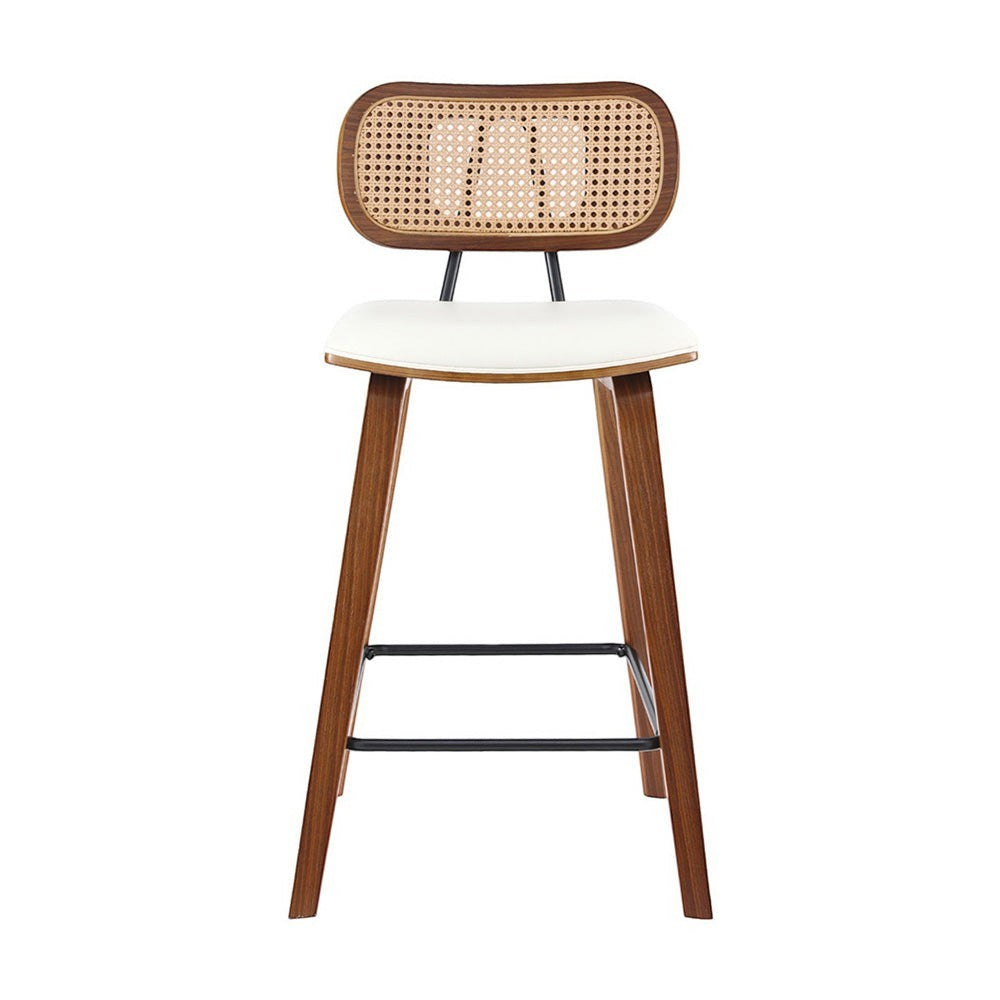Warneet beige rattan bar stool with walnut frame at a kitchen counter