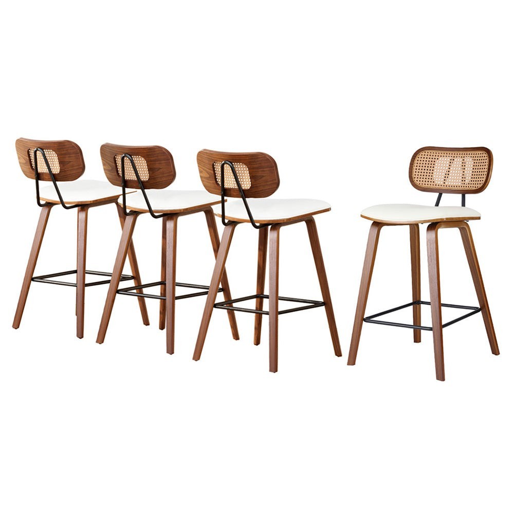 Warneet beige rattan bar stool with walnut frame at a kitchen counter