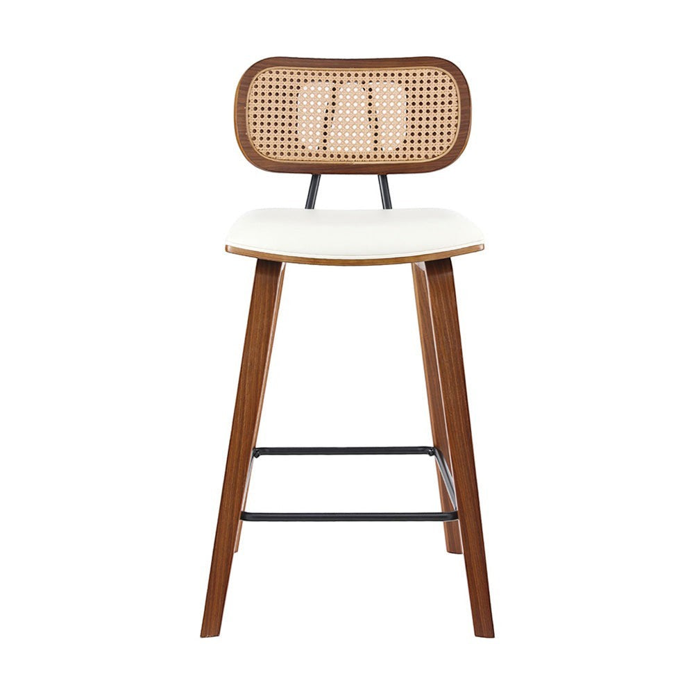 Warneet beige rattan bar stool with walnut frame at a kitchen counter