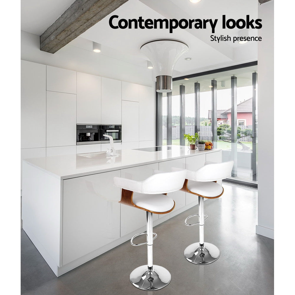 Side profile of Artiss white bar stool showing armrests and chrome base — Allure Home Collections