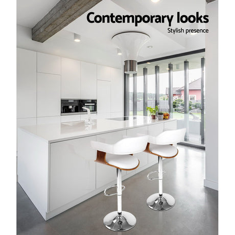 Side profile of Artiss white bar stool showing armrests and chrome base — Allure Home Collections
