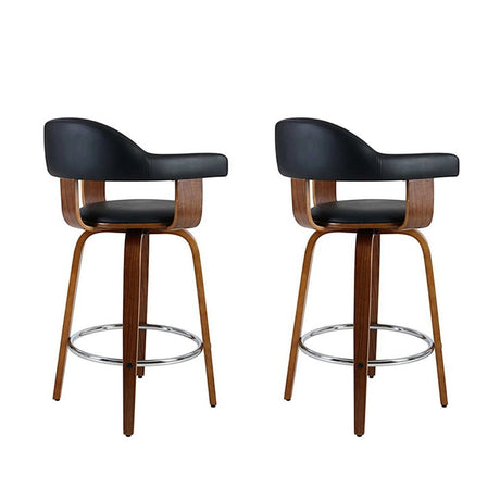 Close up of the glen forbes wooden leg bar stool black seat and frame