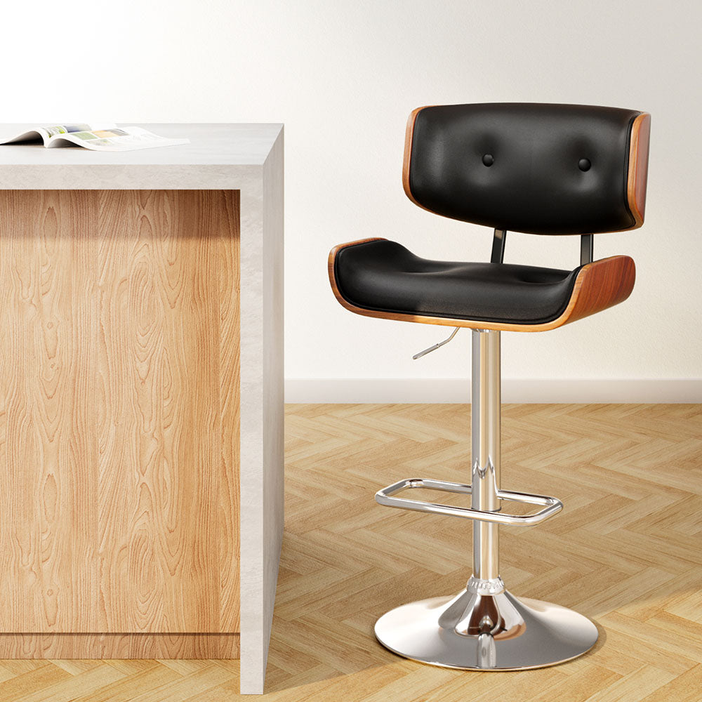Artiss black leather gas lift bar stool with wooden seat structure — single — Allure Home Collections