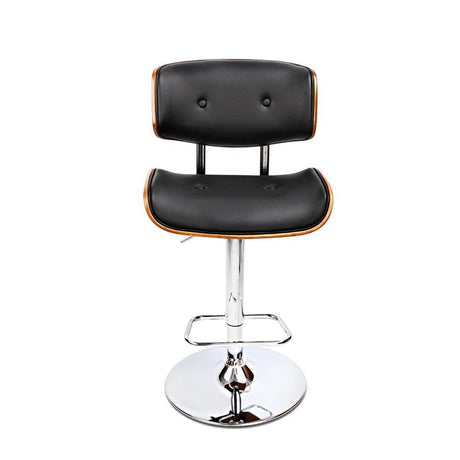 Close up of the cowes wooden gas lift bar stool black seat and frame