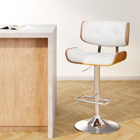 Artiss white leather gas lift bar stool with wooden seat structure — single — Allure Home Collections