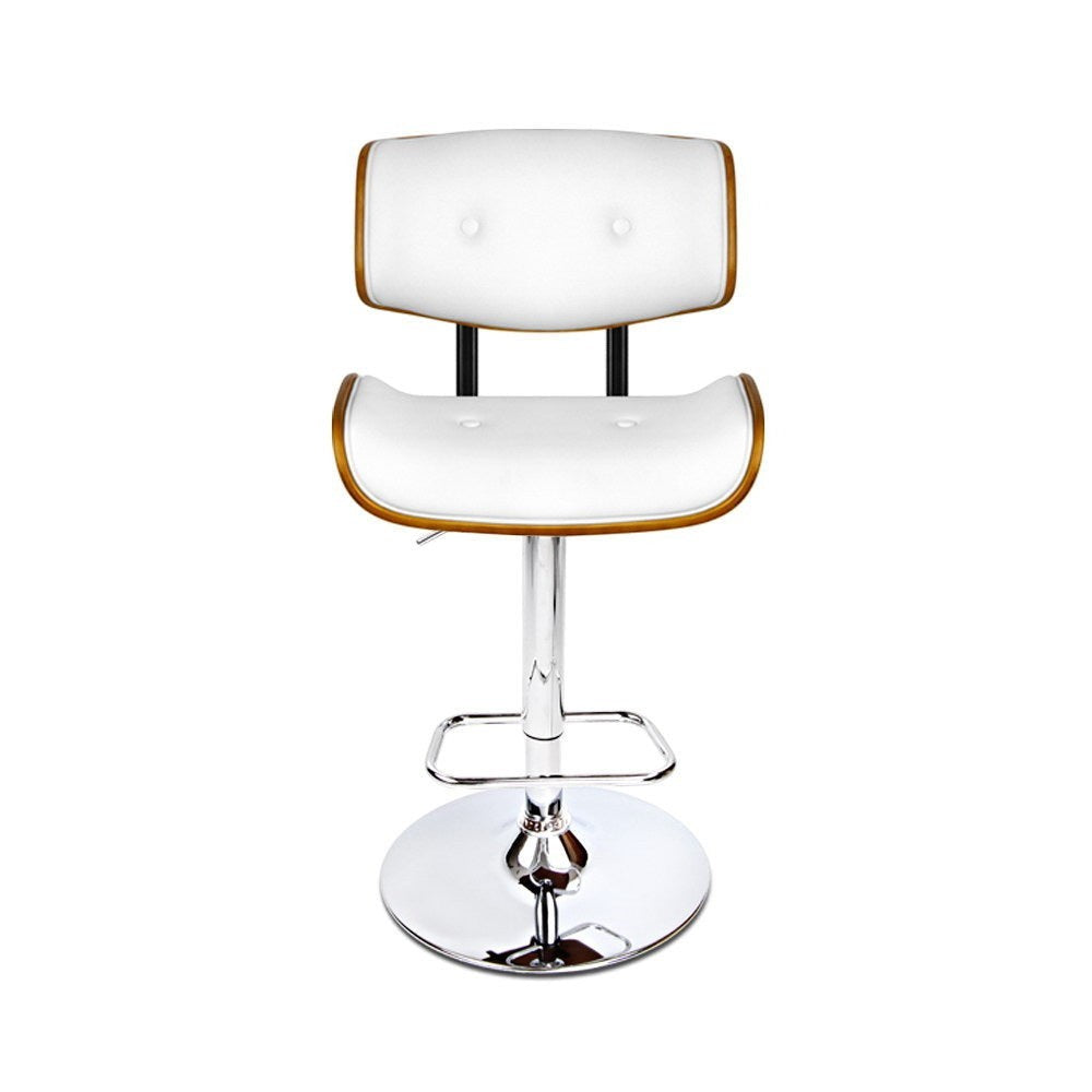 Close up of the cowes wooden gas lift bar stool white seat and frame