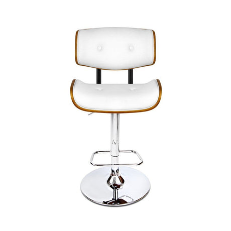 Close up of the cowes wooden gas lift bar stool white seat and frame