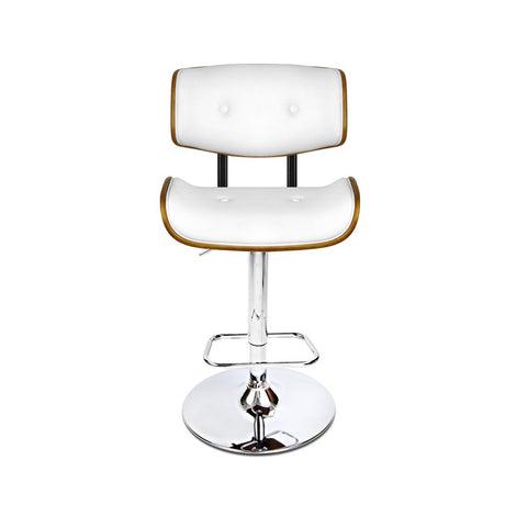 Close up of the cowes wooden gas lift bar stool white seat and frame