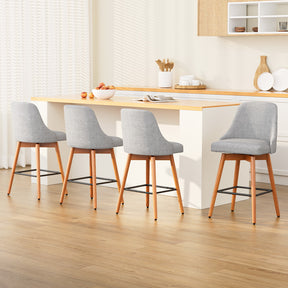 Boneo grey faux linen swivel bar stools set of four with plywood frames