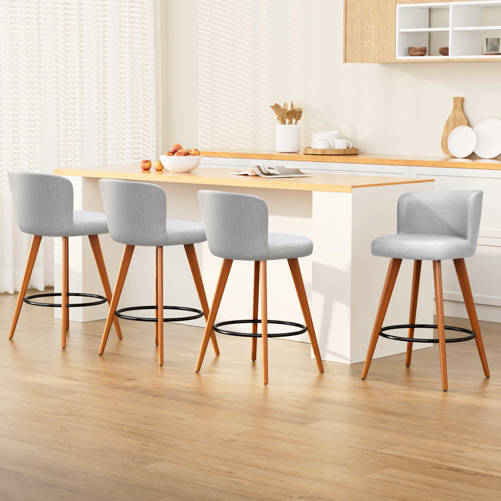 Artiss grey linen bar stool wooden leg and footrest detail — Allure Home Collections