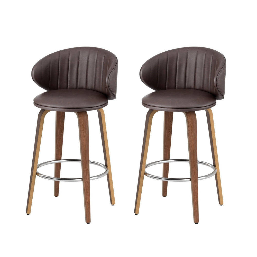 Flinders brown PU leather contoured bar stool 2pcs set with wooden legs in a kitchen