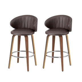 Flinders brown PU leather contoured bar stool 2pcs set with wooden legs in a kitchen