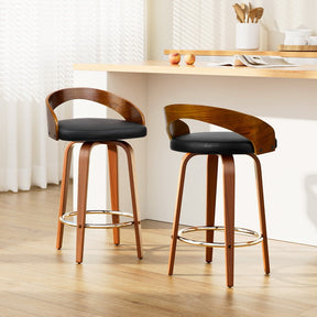 Point King swivel wooden bar stool with black faux leather seat and walnut frame