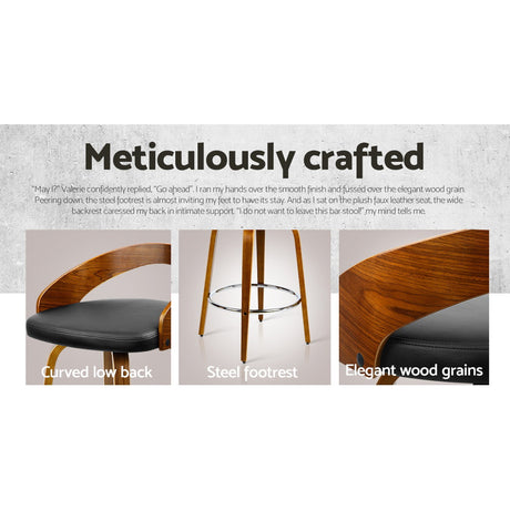 Side profile of Artiss walnut bar stool showing elegant curving back — Allure Home Collections