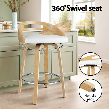 Side profile of Artiss swivel low back bar stool showing wooden base — Allure Home Collections