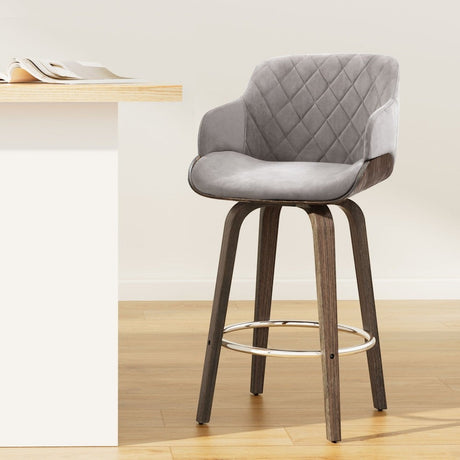Rye grey velvet bentwood swivel bar stool in a modern kitchen