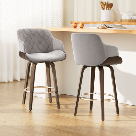 Rye grey velvet bentwood swivel bar stool in a modern kitchen