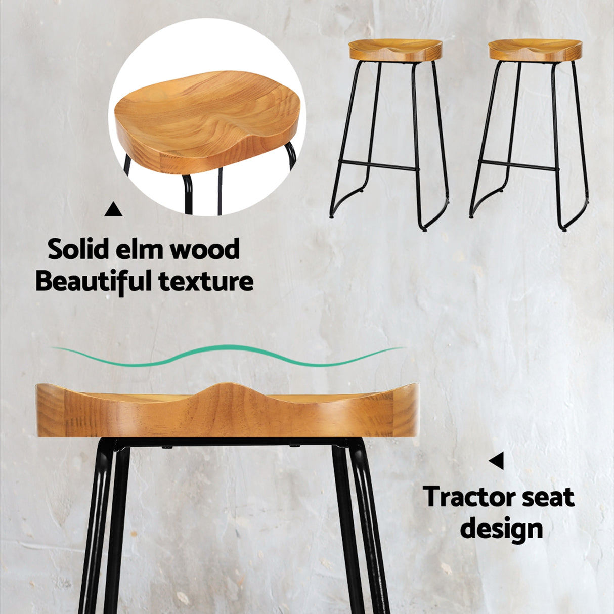 Cape Schanck Tractor Bar Stool, Wooden 75cm 2pcs