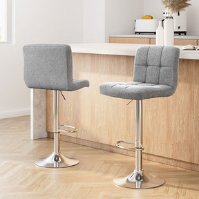 Moorooduc grey fabric gas lift bar stools pair with swivel and chrome base