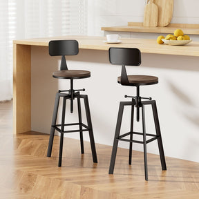 Tooradin black industrial swivel bar stool with elm wood seat in a modern kitchen