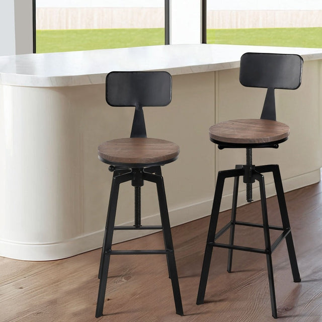 Tooradin black industrial swivel bar stool with elm wood seat in a modern kitchen
