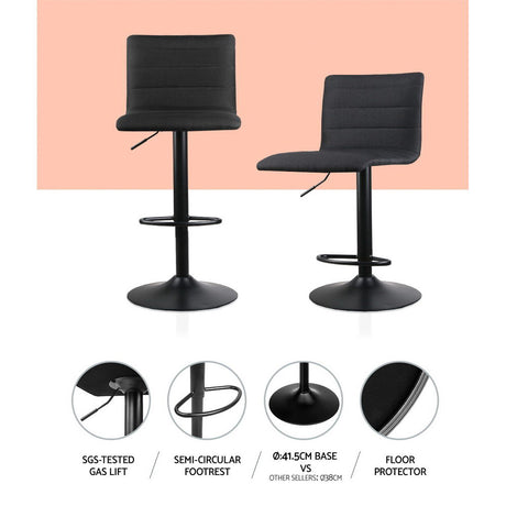 Side profile of Artiss black linen bar stool showing chrome gas lift — Allure Home Collections