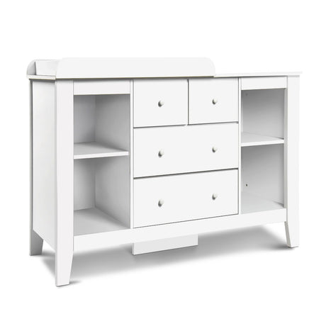 White baby change table with four drawers and four open shelves