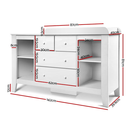 White baby change table with four drawers and four open shelves
