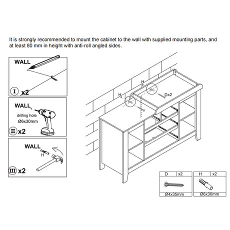 White baby change table with four drawers and four open shelves