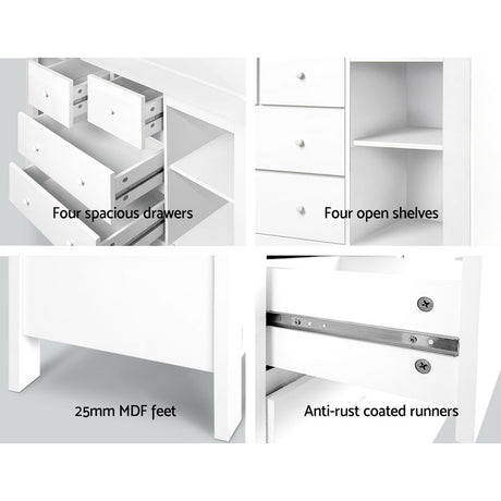 White baby change table with four drawers and four open shelves