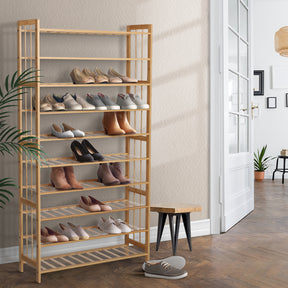 Brynn bamboo ten tier shoe rack cabinet holding 50 pairs in a retro entryway