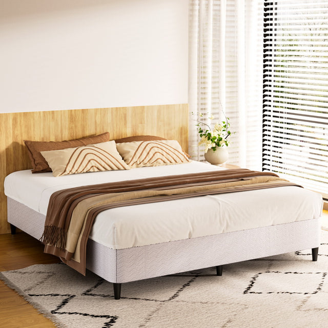 Artiss MASON king metal bed frame in grey knitted jacquard fabric — full view — Allure Home Collections