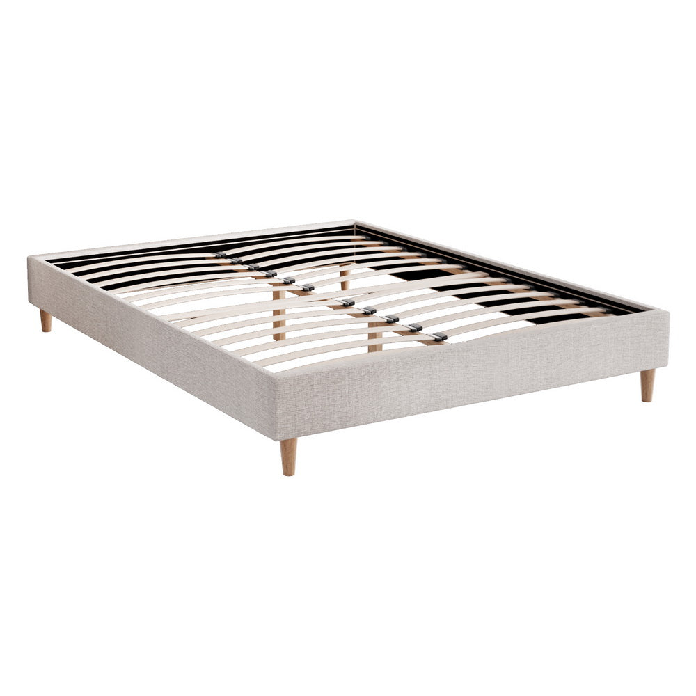 Artiss ZORA double beige faux linen bed frame showing 300kg capacity — Allure Home Collections