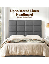Thredbo charcoal linen grid tufted bed head styled in a calm modern bedroom