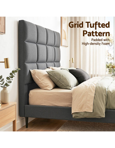 Thredbo charcoal linen grid tufted bed head styled in a calm modern bedroom