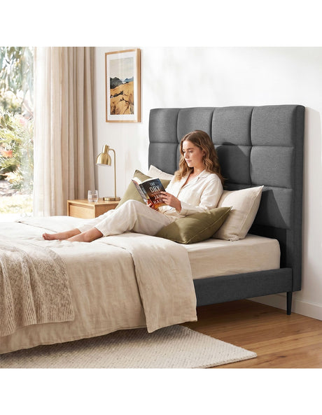 Thredbo charcoal linen grid tufted bed head styled in a calm modern bedroom
