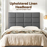 Thredbo charcoal linen grid tufted bed head styled in a calm modern bedroom