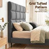Thredbo charcoal linen grid tufted bed head styled in a calm modern bedroom