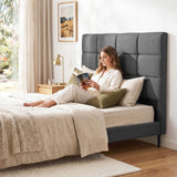 Thredbo charcoal linen grid tufted bed head styled in a calm modern bedroom