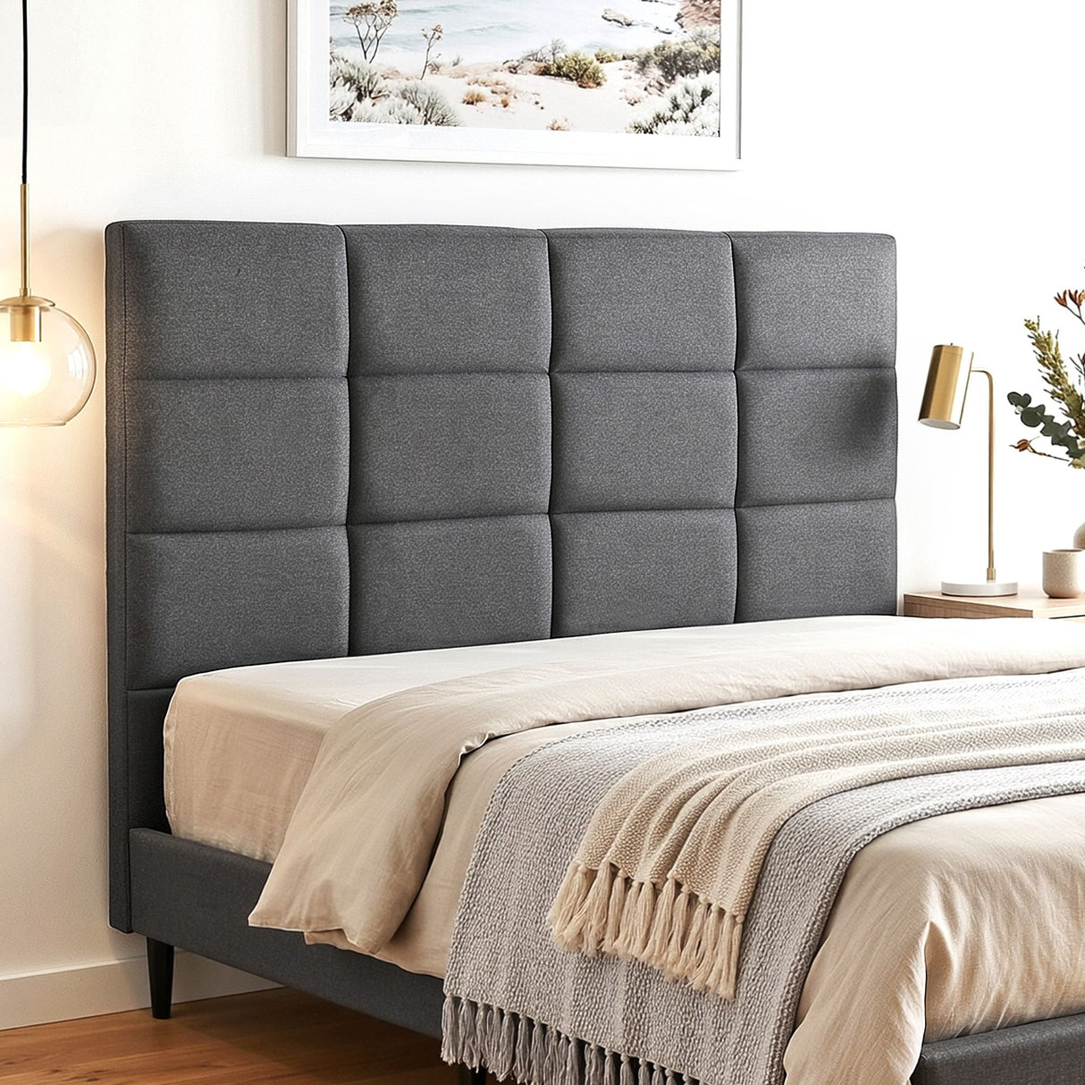 Thredbo charcoal linen grid tufted bed head styled in a calm modern bedroom