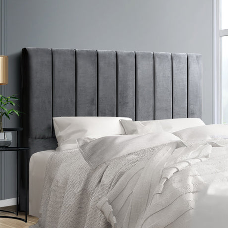 Anembo grey velvet bed head in a modern bedroom