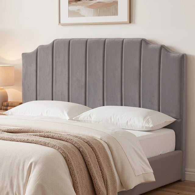 Jindabyne grey velvet wingback bed head in an elegant modern bedroom