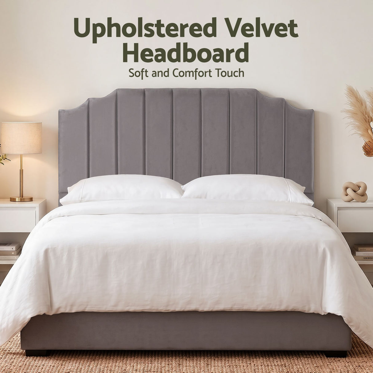 Jindabyne grey velvet wingback bed head in an elegant modern bedroom
