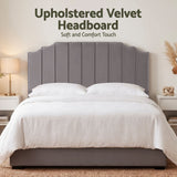 Jindabyne grey velvet wingback bed head in an elegant modern bedroom