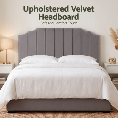 Jindabyne grey velvet wingback bed head in an elegant modern bedroom