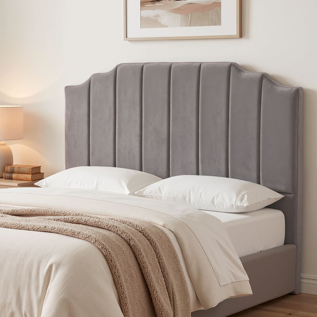Jindabyne grey velvet wingback bed head in an elegant modern bedroom