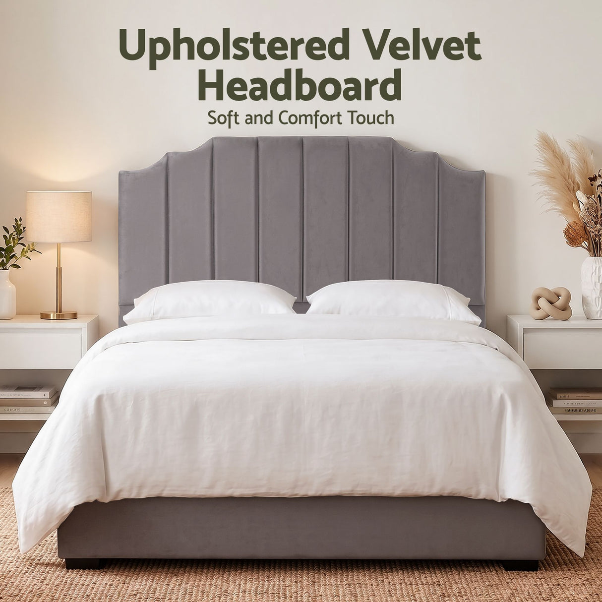 Jindabyne grey velvet wingback bed head in an elegant modern bedroom