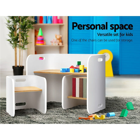 3 Piece Kids Table and Chairs Set Multifunctional Storage White and Natural